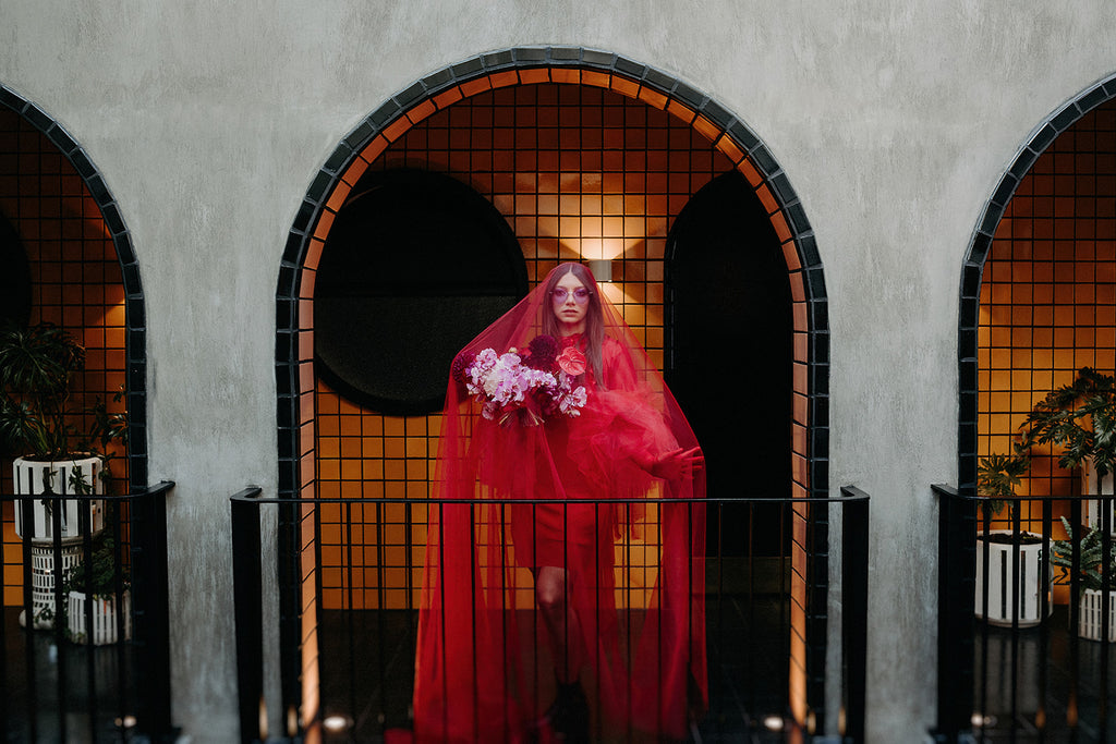 Crimson Red Tulle Veil - head to toe