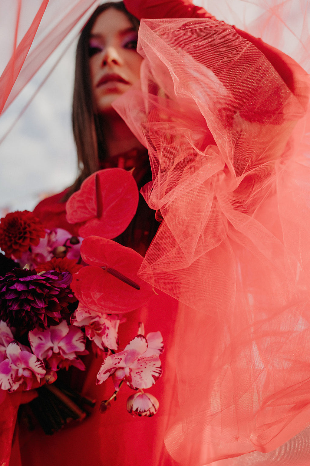 Crimson Red Tulle Veil - head to toe