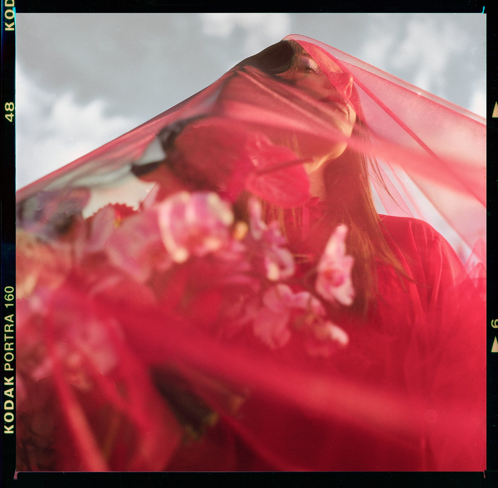 Crimson Red Tulle Veil - head to toe