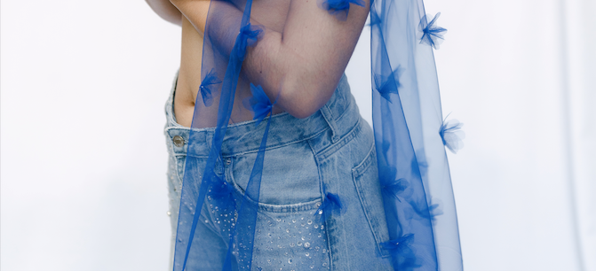 Royal Blue Tulle Veil in medium length