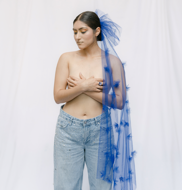 Royal Blue Tulle Veil in medium length